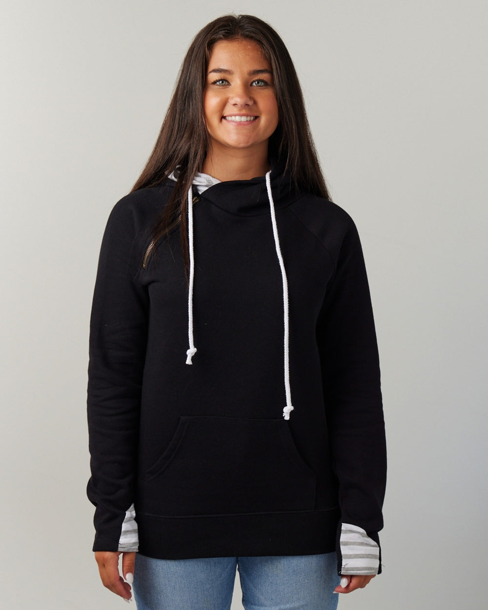 Enza ladies stripe double hood pullover best sale