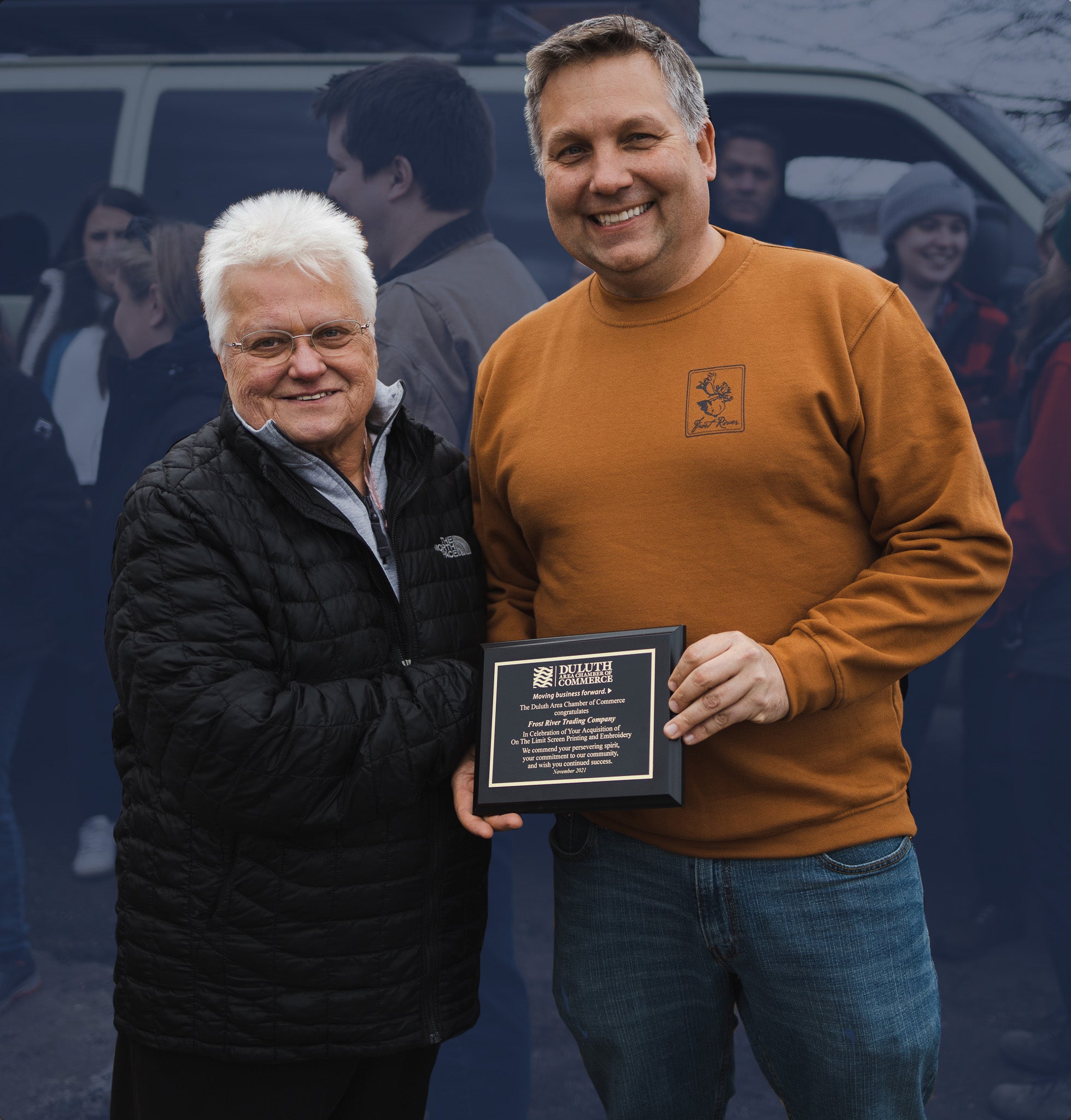 On The Limit founder Liz Howard, and Frost River Owner Chris Benson standing next to each other on the day of the company merger.