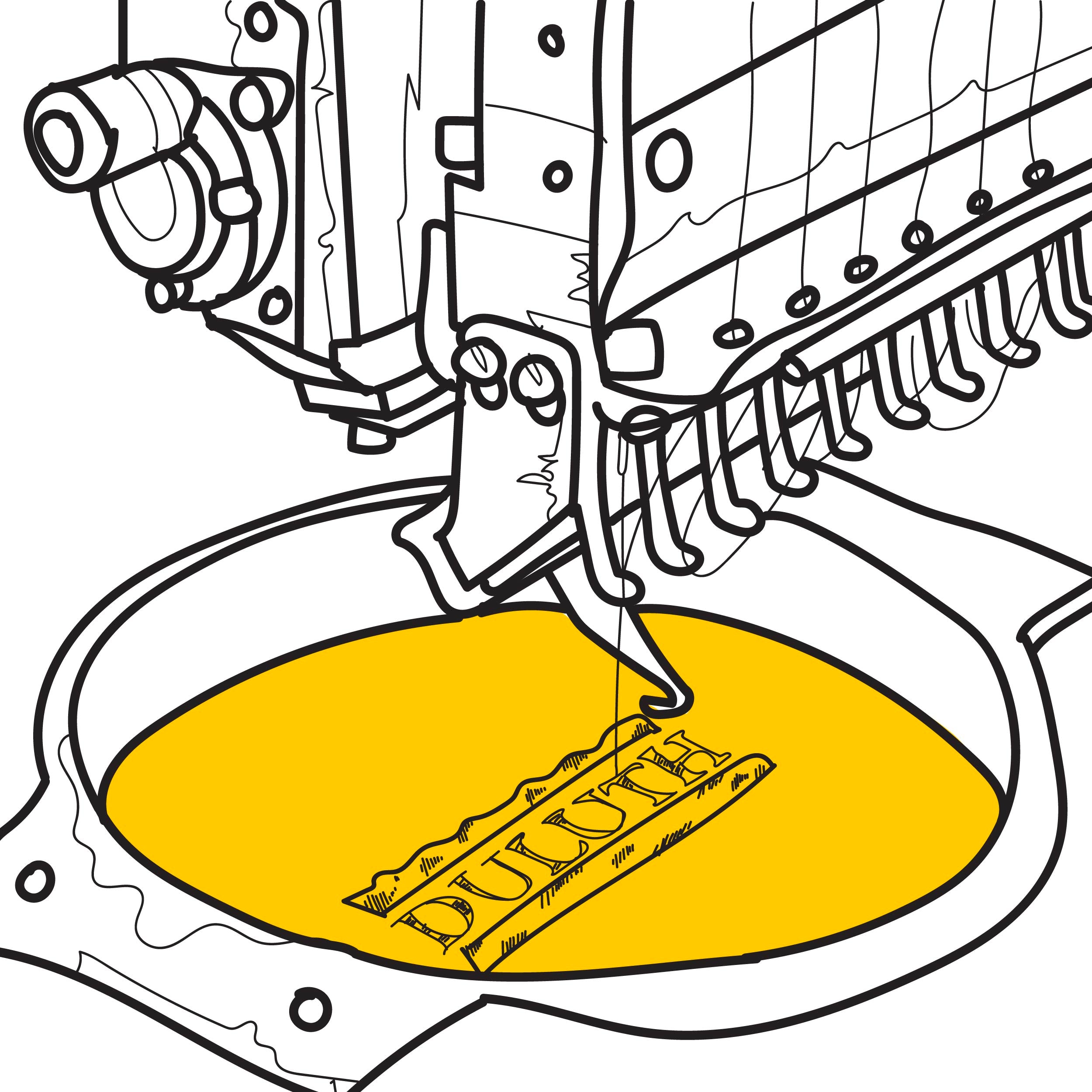 Illustration of embroidery machine sewing The City of Duluth's Logo onto a garment.