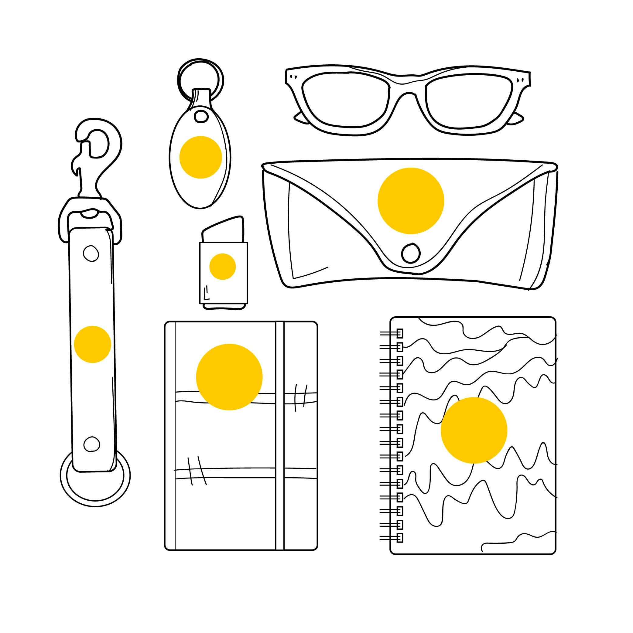 Illustrations of various promotional goods, such as a key chain, notebook, journal, and sun